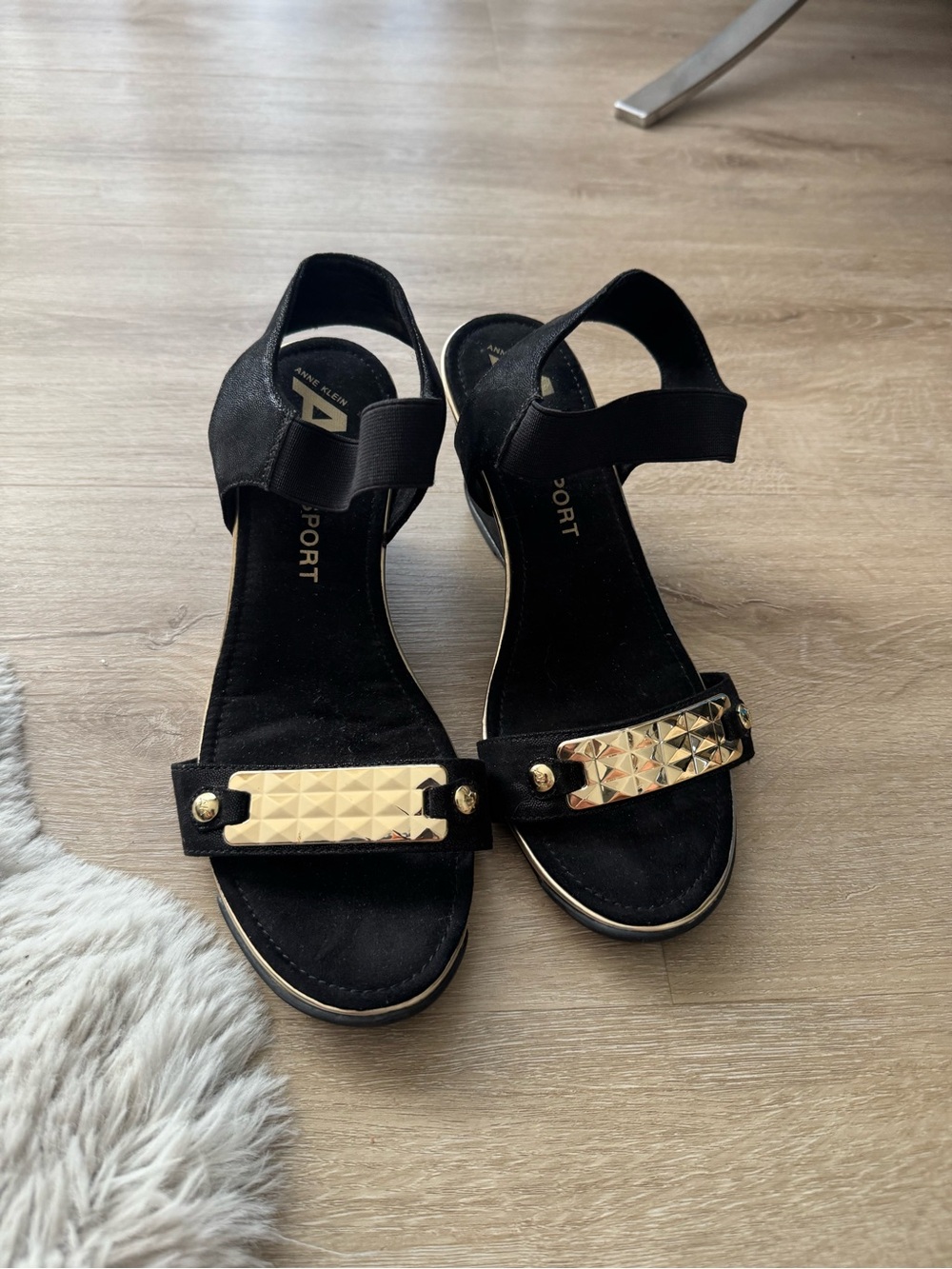 Anne Klein Sport Black Sandals with Gold Stud Bar